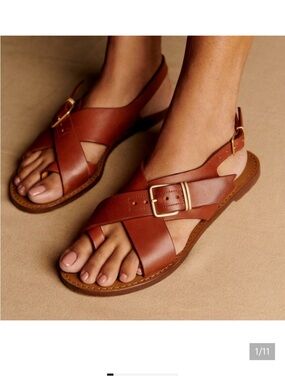 Sezane Women's Brown Leather Cross-Strap Judith Sandals with Buckle